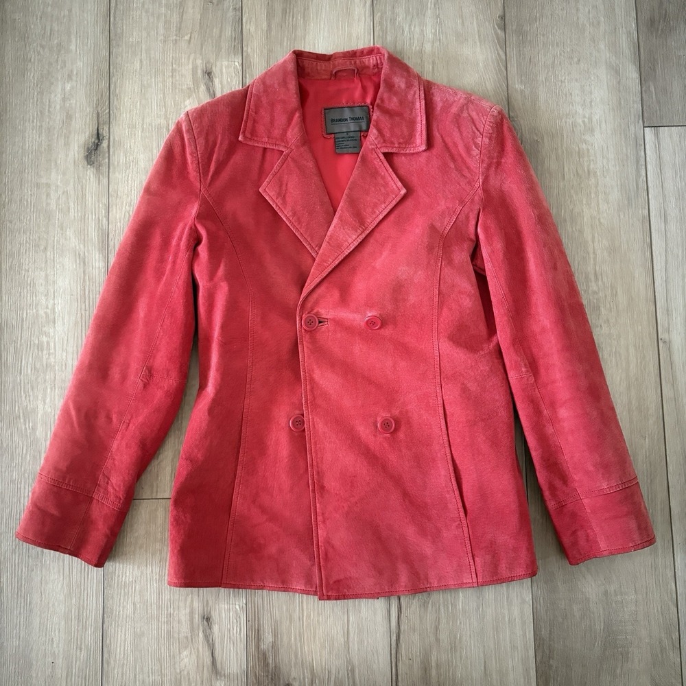 VTG Y2K Brandon Thomas Red Suede Leather Blazer Jacket Womens Sz S Button Front